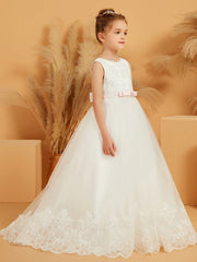 Robe de Fille Ball-Gown en Tulle avec Appliques en Dentelle