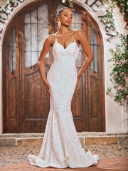 Robe Sirène en Paillettes Scintillantes à Col en V avec Traîne Balayage Ivoire