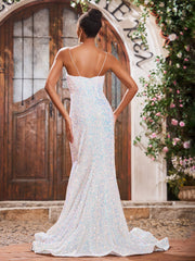 Robe Sirène en Paillettes Scintillantes à Col en V avec Traîne Balayage Ivoire