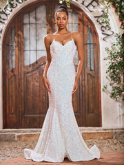 Robe Sirène en Paillettes Scintillantes à Col en V avec Traîne Balayage Ivoire