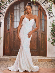 Robe Sirène en Paillettes Scintillantes à Col en V avec Traîne Balayage Ivoire