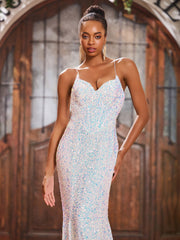 Robe Sirène en Paillettes Scintillantes à Col en V avec Traîne Balayage Ivoire