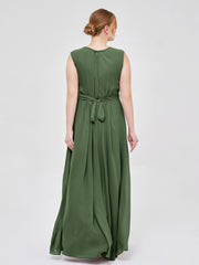 FAUX-Wrap Robe Longue Mousseline avec Ceinture Olive Verte