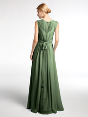 FAUX-Wrap Robe Longue Mousseline avec Ceinture Olive Verte