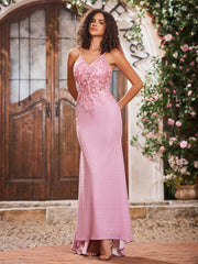 Maxi Robe Fourreau Appliquée en Jersey avec Corsage Corset à Col en V Rose Poudré