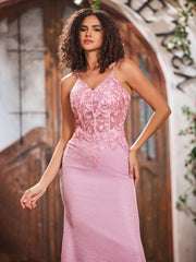 Maxi Robe Fourreau Appliquée en Jersey avec Corsage Corset à Col en V Rose Poudré