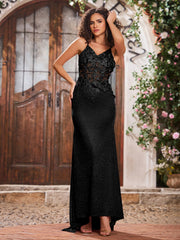 Maxi Robe Fourreau Appliquée en Jersey avec Corsage Corset à Col en V Noir