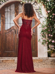 Maxi Robe Fourreau Appliquée en Jersey avec Corsage Corset à Col en V Bordeaux