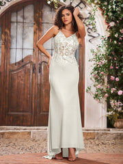 Maxi Robe Fourreau Appliquée en Jersey avec Corsage Corset à Col en V Ivoire