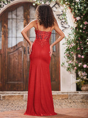 Maxi Robe Fourreau Appliquée en Jersey avec Corsage Corset à Col en V Rouge