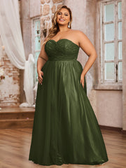 Dentelle et Tulle Longue Robe avec Col en Cœur Olive Verte Grande Taille