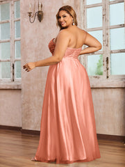Dentelle et Tulle Longue Robe avec Col en Cœur Papaye