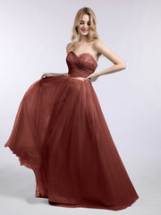 Dentelle et Tulle Longue Robe avec Col en Cœur terracotta