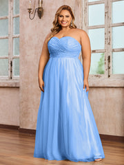 Dentelle et Tulle Longue Robe avec Col en Cœur Bleu Grande Taille
