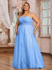 Dentelle et Tulle Longue Robe avec Col en Cœur Bleu Grande Taille