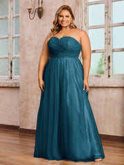 Dentelle et Tulle Longue Robe avec Col en Cœur Bleu Encre Grande Taille