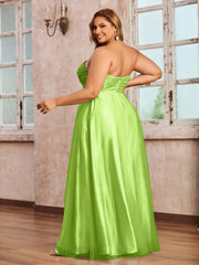 Dentelle et Tulle Longue Robe avec Col en Cœur Vert Citron Grande Taille
