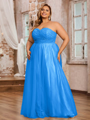 Dentelle et Tulle Longue Robe avec Col en Cœur Bleu Océan