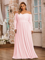 Hors de l'Epaule Robes à Manches Longues en Dentelle Rose Pâle Grande Taille
