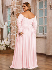 Hors de l'Epaule Robes à Manches Longues en Dentelle Rose Pâle Grande Taille