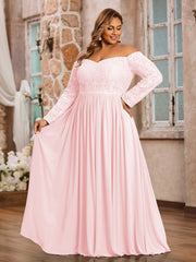 Hors de l'Epaule Robes à Manches Longues en Dentelle Rose Pâle Grande Taille
