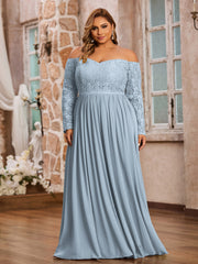 Hors de l'Epaule Robes à Manches Longues en Dentelle Bleu Poudré Grande Taille