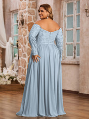 Hors de l'Epaule Robes à Manches Longues en Dentelle Bleu Poudré Grande Taille