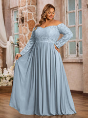 Hors de l'Epaule Robes à Manches Longues en Dentelle Bleu Poudré Grande Taille