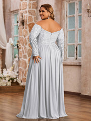 Hors de l'Epaule Robes à Manches Longues en Dentelle Argent Grande Taille