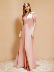 Robe Longue à Demi-Manches avec Fente Rose Poudré Grande Taille