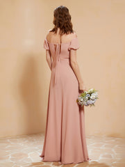 Robe Longue à Demi-Manches avec Fente Rose Poudré