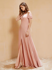 Robe Longue à Demi-Manches avec Fente Rose Poudré