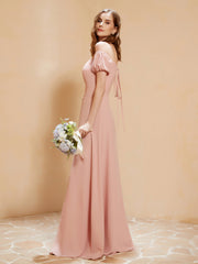 Robe Longue à Demi-Manches avec Fente Rose Poudré Grande Taille