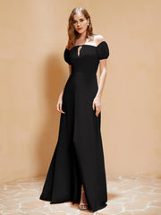 Robe Longue à Demi-Manches avec Fente Noir