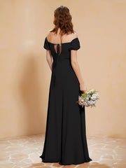 Robe Longue à Demi-Manches avec Fente Noir