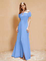 Robe Longue à Demi-Manches avec Fente Bleu Grande Taille