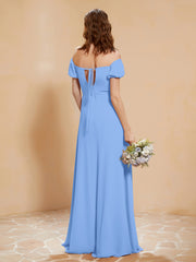Robe Longue à Demi-Manches avec Fente Bleu