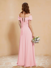 Robe Longue à Demi-Manches avec Fente Rose Pâle