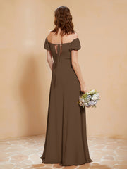 Robe Longue à Demi-Manches avec Fente Brun Grande Taille