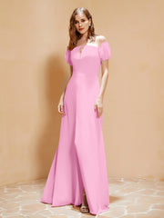 Robe Longue à Demi-Manches avec Fente Rose Bonbon