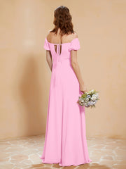 Robe Longue à Demi-Manches avec Fente Rose Bonbon