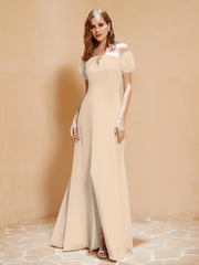 Robe Longue à Demi-Manches avec Fente Champagne