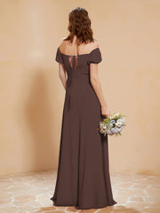 Robe Longue à Demi-Manches avec Fente Chocolat