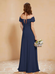 Robe Longue à Demi-Manches avec Fente Bleu Marine