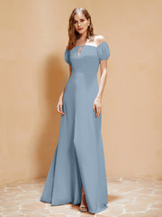 Robe Longue à Demi-Manches avec Fente Bleu Poudré