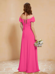Robe Longue à Demi-Manches avec Fente Fuchsia Grande Taille