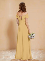 Robe Longue à Demi-Manches avec Fente Or
