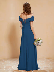 Robe Longue à Demi-Manches avec Fente Bleu Encre