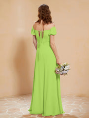 Robe Longue à Demi-Manches avec Fente Vert Citron