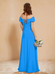 Robe Longue à Demi-Manches avec Fente Bleu Océan